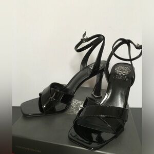 Vince Camuto Reletty Black Patent Cross-Strap Square-Toe Heels